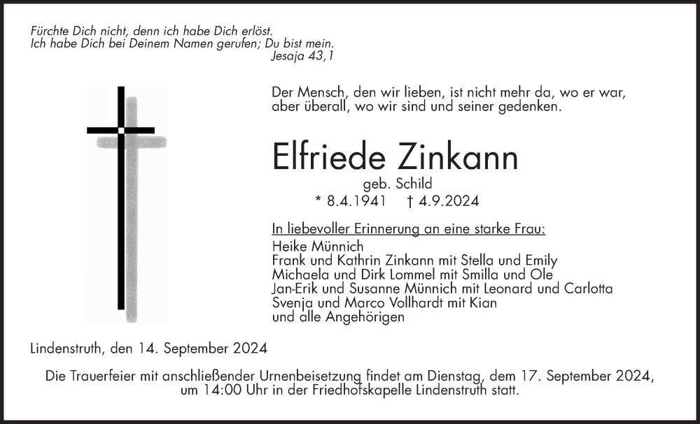  Traueranzeige für Elfriede Zinkann vom 14.09.2024 aus Giessener Anzeiger, Giessener Allgemeine, Alsfelder Allgemeine