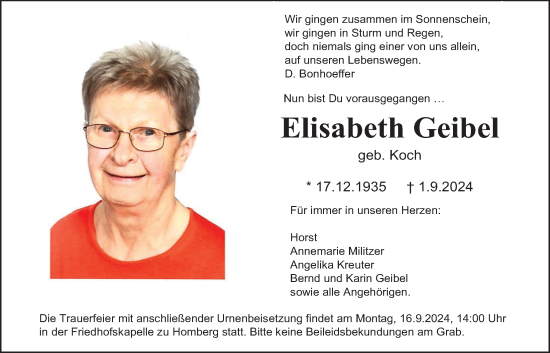 Traueranzeige von Elisabeth Geibel von Giessener Allgemeine, Alsfelder Allgemeine