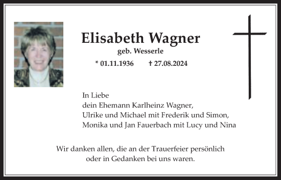 Traueranzeige von Elisabeth Wagner von Bad Vilbel/Karben