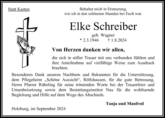 Traueranzeige von Elke Schreiber von Oberhessische Zeitung