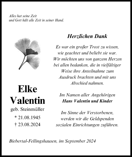 Traueranzeige von Elke Valentin von Giessener Allgemeine, Alsfelder Allgemeine, Giessener Anzeiger