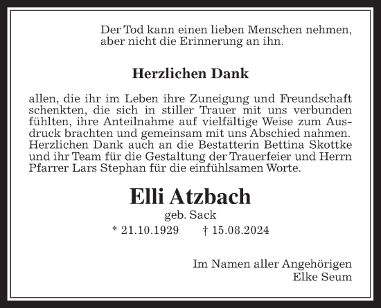 Traueranzeige von Elli Atzbach von Wetterauer Zeitung
