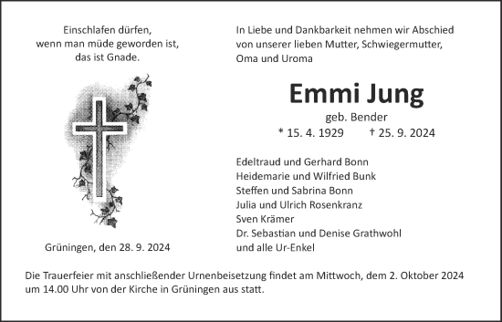 Traueranzeige von Emmi Jung von Giessener Allgemeine, Alsfelder Allgemeine