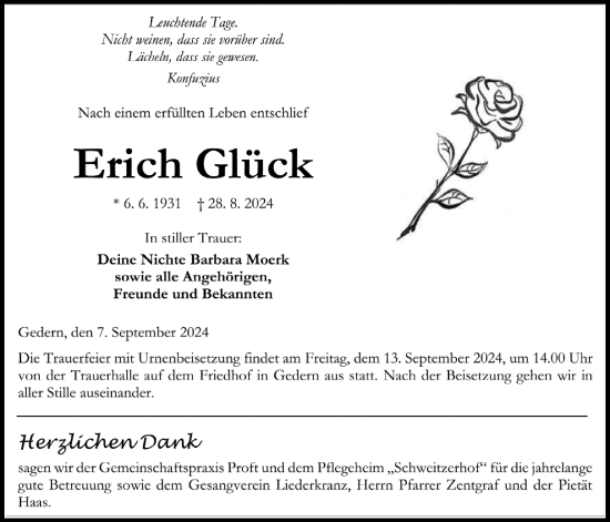 Traueranzeige von Erich Glück von Kreis-Anzeiger