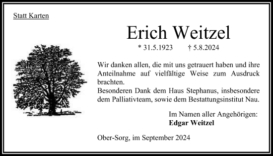 Traueranzeige von Erich Weitzel 