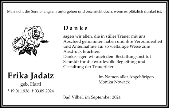 Traueranzeige von Erika Jadatz von Bad Vilbel/Karben