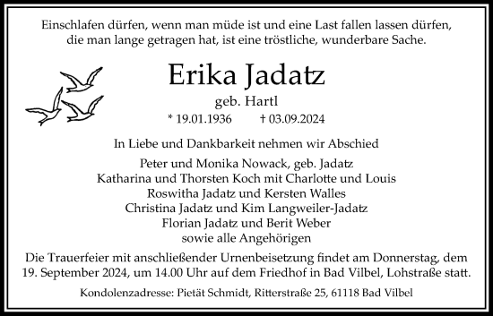 Traueranzeige von Erika Jadatz von Bad Vilbel/Karben