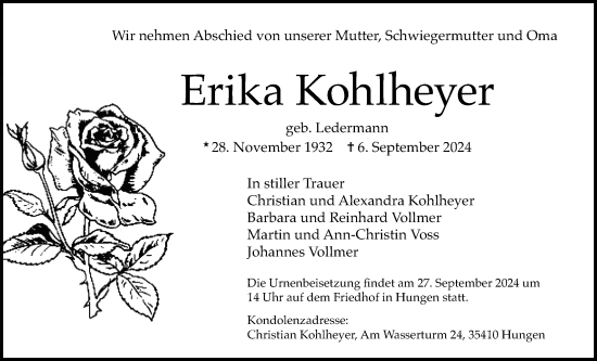 Traueranzeige von Erika Kohlheyer von Licher Wochenblatt