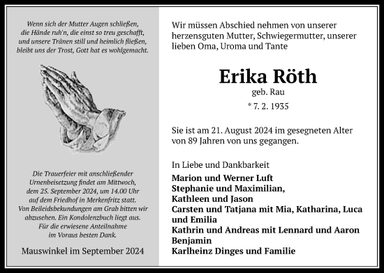 Traueranzeige von Erika Röth von Kreis-Anzeiger
