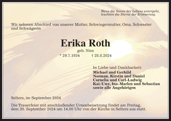 Traueranzeige von Erika Roth von Kreis-Anzeiger