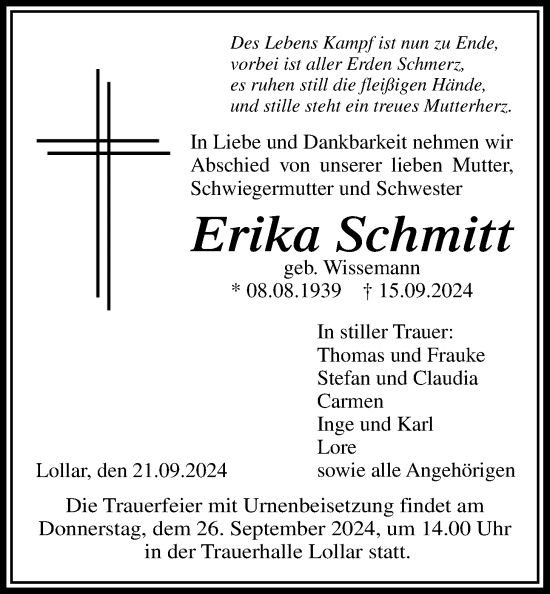 Traueranzeige von Erika Schmitt von Giessener Allgemeine, Alsfelder Allgemeine