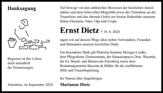 Traueranzeige von Ernst Dietz von Giessener Allgemeine, Alsfelder Allgemeine, Giessener Anzeiger