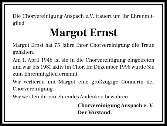 Traueranzeige von Ernst Margot von Usinger Anzeiger