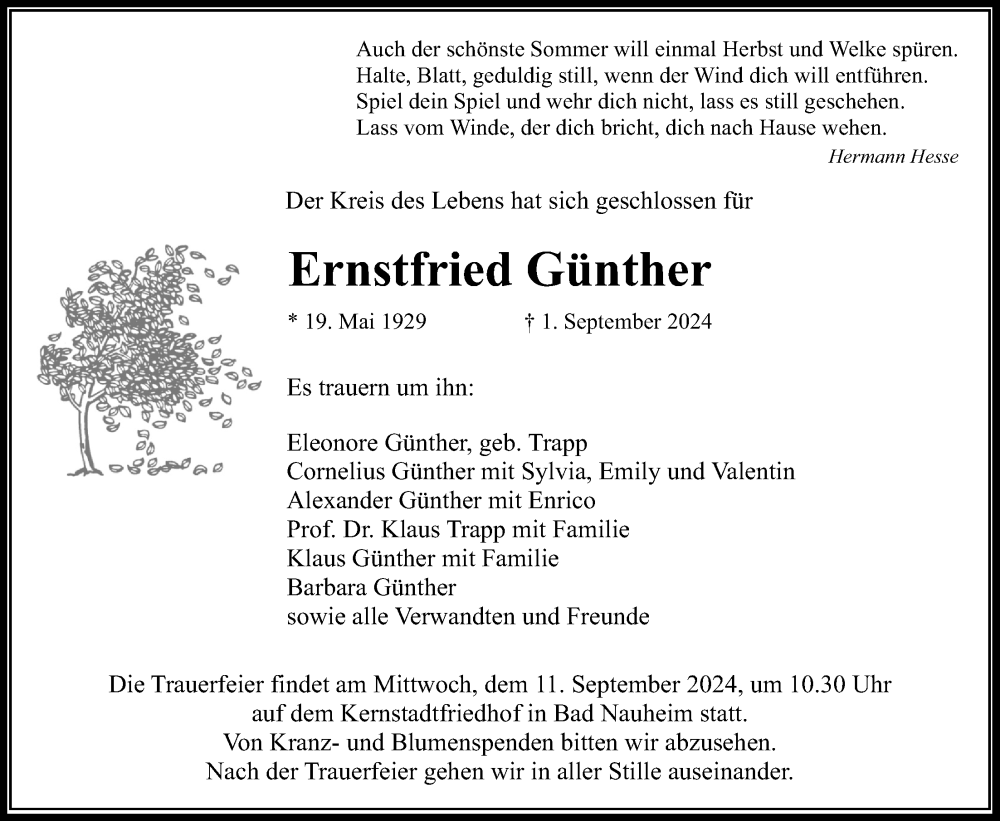  Traueranzeige für Ernstfried Günther vom 07.09.2024 aus Wetterauer Zeitung