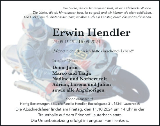 Traueranzeige von Erwin Hendler von Lauterbacher Anzeiger