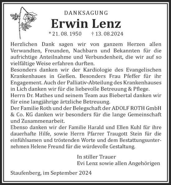 Traueranzeige von Erwin Lenz von Giessener Allgemeine, Alsfelder Allgemeine