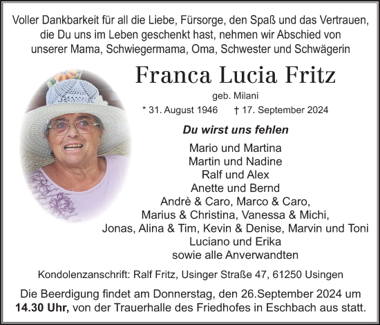 Traueranzeige von Franca Lucia Fritz von Usinger Anzeiger