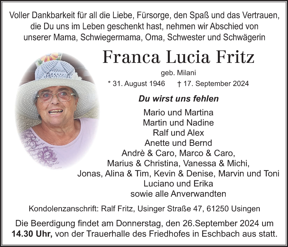  Traueranzeige für Franca Lucia Fritz vom 21.09.2024 aus Usinger Anzeiger