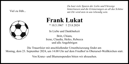 Traueranzeige von Frank Lukat von Usinger Anzeigenblatt