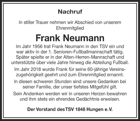 Traueranzeige von Frank Neumann von Licher Wochenblatt