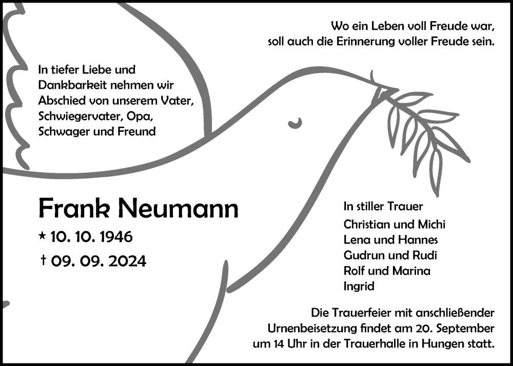  Traueranzeige für Frank Neumann vom 14.09.2024 aus Giessener Anzeiger, Giessener Allgemeine, Alsfelder Allgemeine