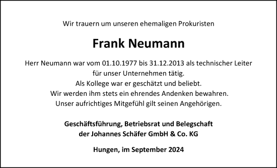 Traueranzeige von Frank Neumann von Licher Wochenblatt