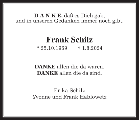 Traueranzeige von Frank Schilz von Licher Wochenblatt