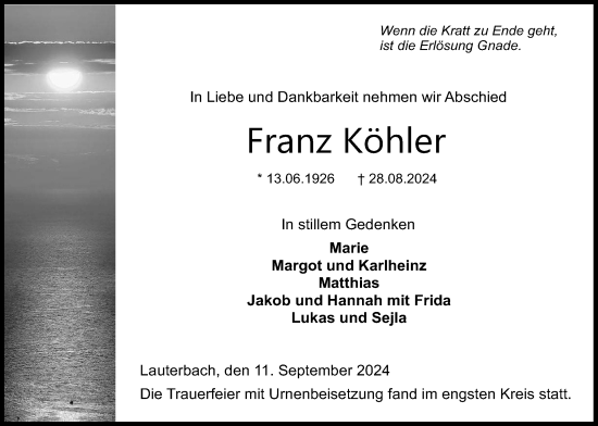 Traueranzeige von Franz Köhler von Lauterbacher Anzeiger