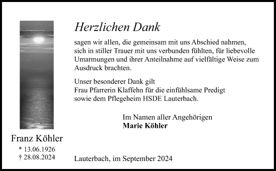 Traueranzeige von Franz Köhler 