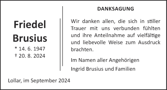 Traueranzeige von Friedel Brusius von Giessener Allgemeine, Alsfelder Allgemeine