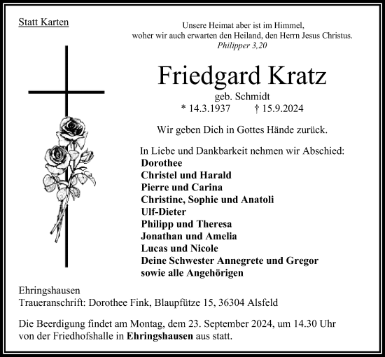 Traueranzeige von Friedgard Kratz von Oberhessische Zeitung, 
