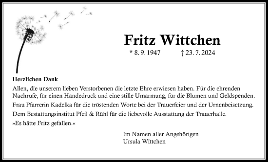 Traueranzeige von Fritz Wittchen von Giessener Allgemeine, Alsfelder Allgemeine