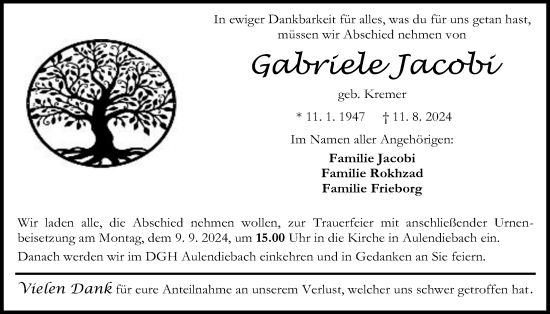 Traueranzeige von Gabriele Jacobi von Kreis-Anzeiger