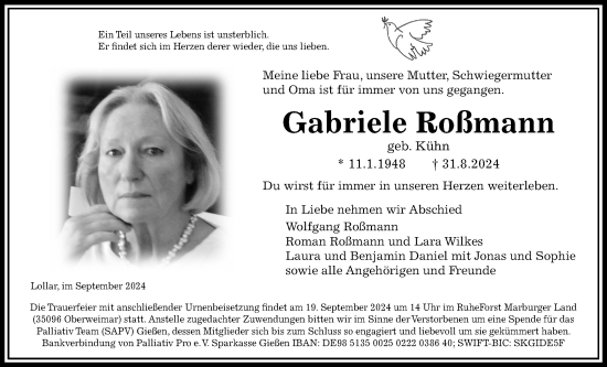 Traueranzeige von Gabriele Roßmann von Giessener Anzeiger, Giessener Allgemeine, Alsfelder Allgemeine