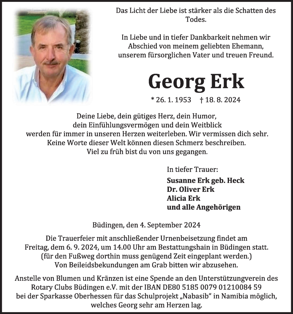  Traueranzeige für Georg Erk vom 04.09.2024 aus Kreis-Anzeiger