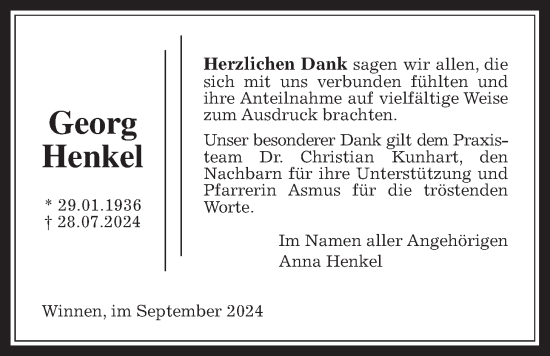 Traueranzeige von Georg Henkel von Giessener Allgemeine, Alsfelder Allgemeine, Giessener Anzeiger