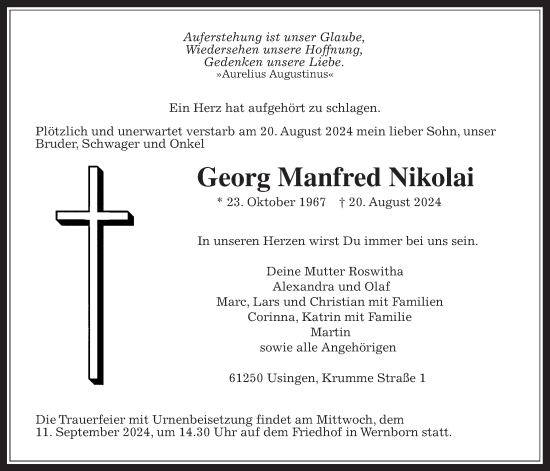 Traueranzeige von Georg Manfred Nikolai von Usinger Anzeigenblatt
