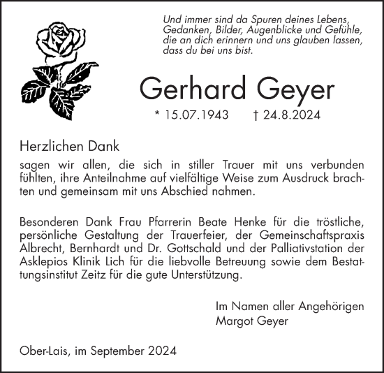 Traueranzeige von Gerhard Geyer von Kreis-Anzeiger