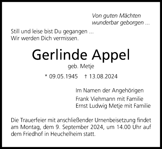 Traueranzeige von Gerlinde Appel von Giessener Anzeiger, Giessener Allgemeine, Alsfelder Allgemeine