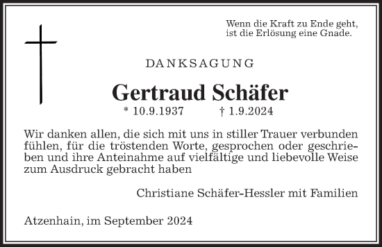 Traueranzeige von Gertraud Schäfer von Giessener Allgemeine, Alsfelder Allgemeine