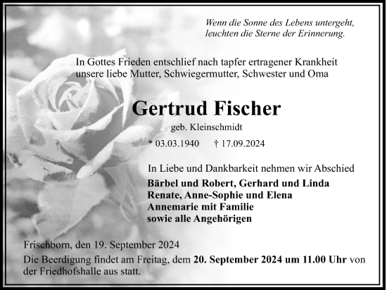 Traueranzeige von Gertrud Fischer von Lauterbacher Anzeiger