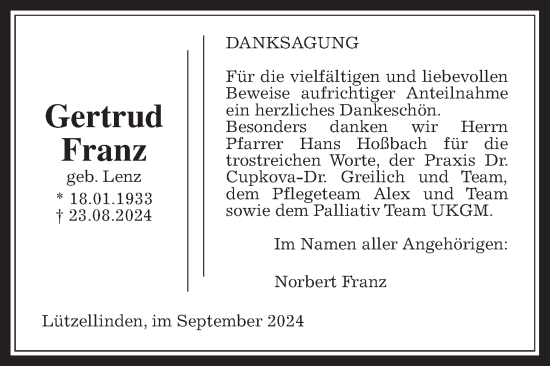 Traueranzeige von Gertrud Franz von Alsfelder Allgemeine, Giessener Allgemeine