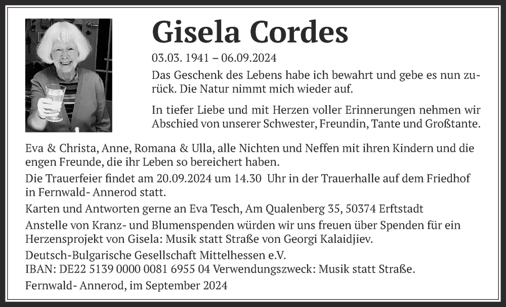  Traueranzeige für Gisela Cordes vom 14.09.2024 aus Giessener Anzeiger, Giessener Allgemeine, Alsfelder Allgemeine