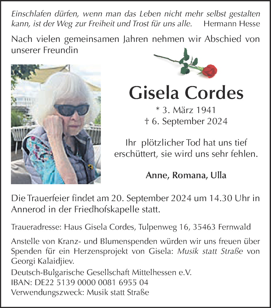  Traueranzeige für Gisela Cordes vom 14.09.2024 aus Giessener Anzeiger, Giessener Allgemeine, Alsfelder Allgemeine