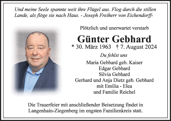 Traueranzeige von Günter Gebhard von Butzbacher Zeitung