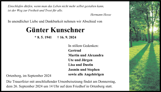 Traueranzeige von Günter Kunschner von Kreis-Anzeiger
