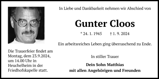 Traueranzeige von Gunter Cloos von Giessener Anzeiger