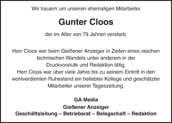 Traueranzeige von Gunter Cloos von Giessener Anzeiger