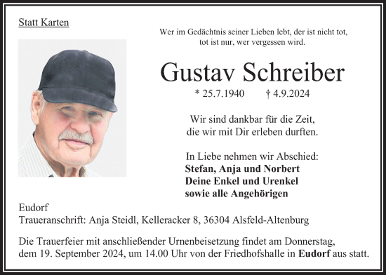 Traueranzeige von Gustav Schreiber von Oberhessische Zeitung