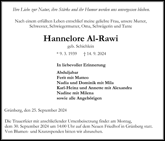 Traueranzeige von Hannelore Al-Rawi von Giessener Allgemeine, Alsfelder Allgemeine